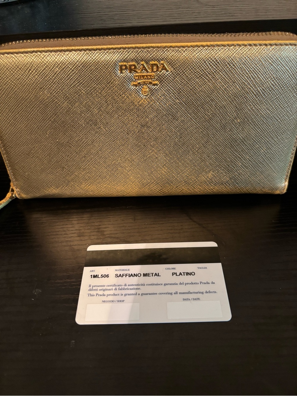 PRISTINE Prada Saffiano Leather Long Zip-Around Wallet – Metallic Gold (Platino) - Picture 2 of 11
